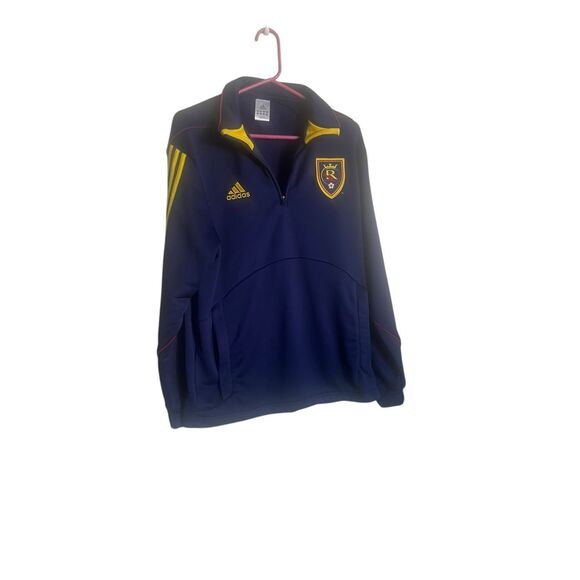 Adidas Mens Navy Blue Yellow Long Sleeve Stripe Training Pullover Top Size Large - Picture 1 of 13